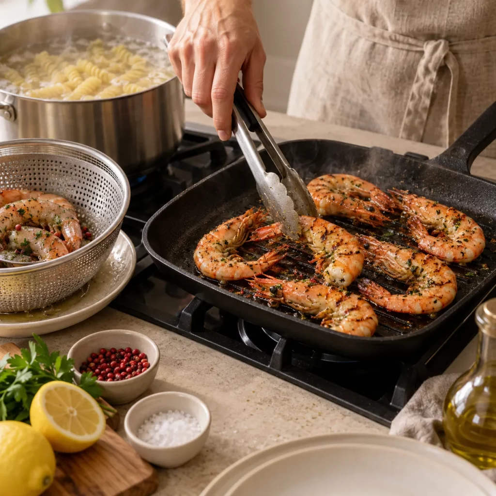 Geste pour Gambas grillées et fusilli artisanaux Geste pour Gambas grillées et fusilli artisanaux — illustration