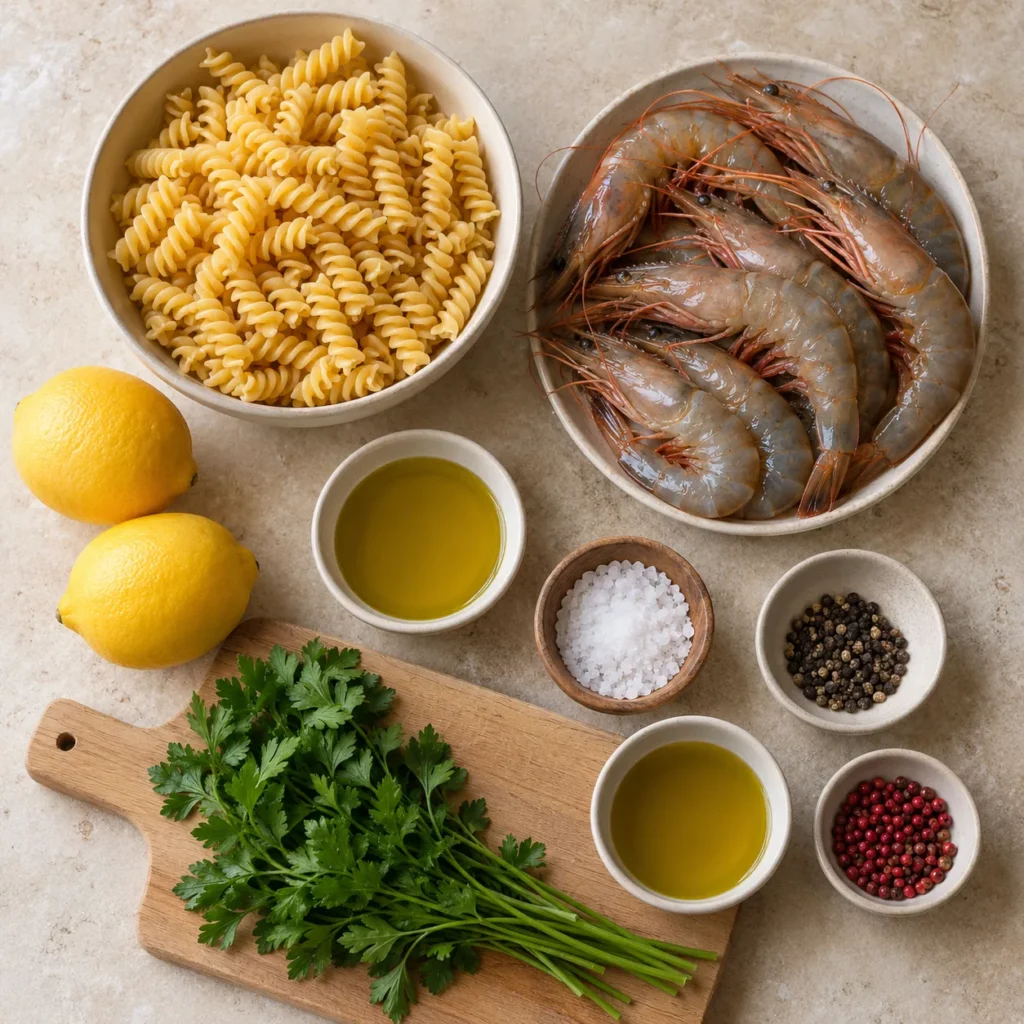 Les ingrédients pour Gambas grillées et fusilli artisanaux Les ingrédients pour Gambas grillées et fusilli artisanaux — illustration