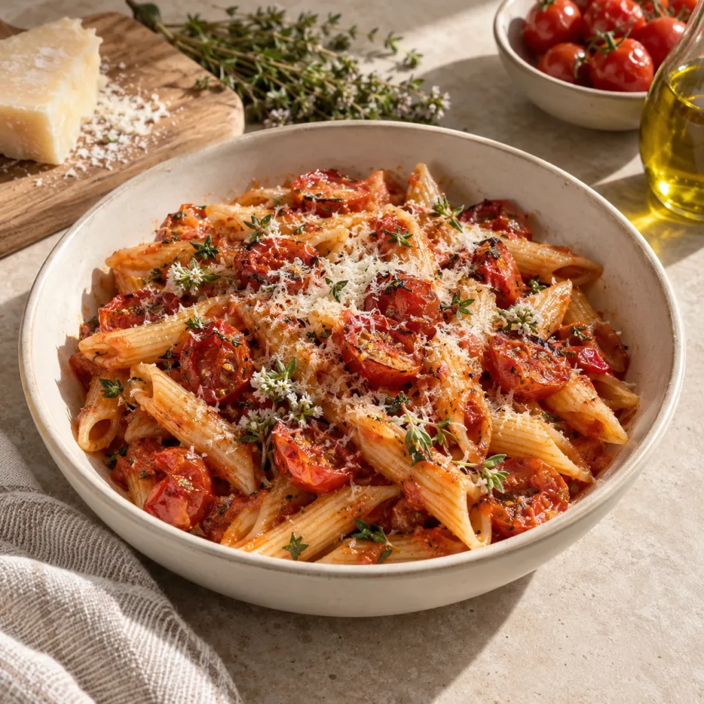 Thym frais, parmesan et fleurs d'ail - Penne à la tomate confite Thym frais, parmesan et fleurs d'ail - Penne à la tomate confite — illustration