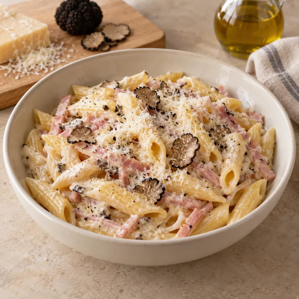 Truffe, crème et penne, julienne de jambon blanc Truffe, crème et penne, julienne de jambon blanc — illustration