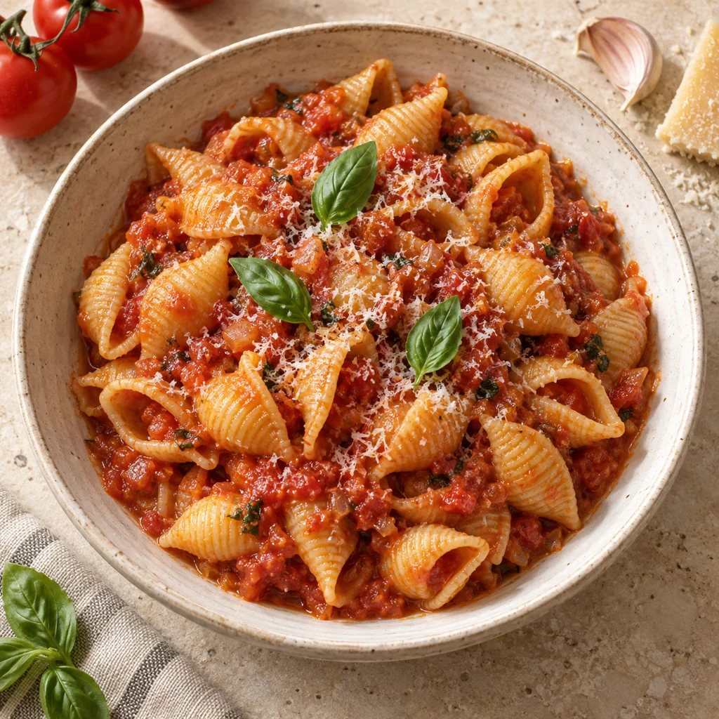 Conchiglie à la sauce tomate maison et parmesan Conchiglie enrobées de sauce tomate maison mijotée, parmesan et basilic