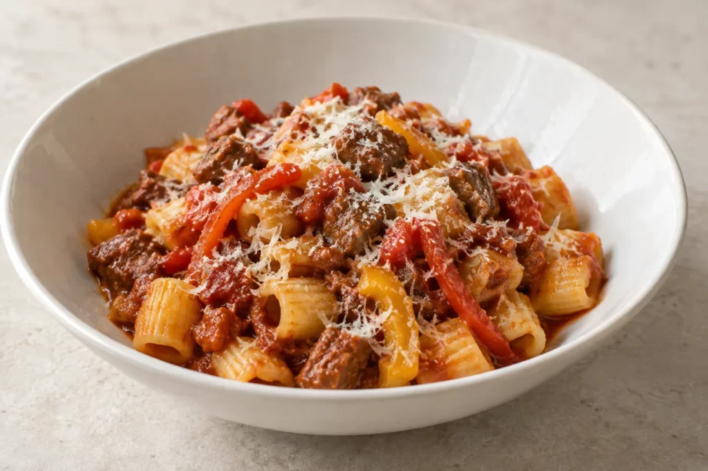 Macaroni au ragù d’agneau et aux poivrons Macaroni au ragù d’agneau et aux poivrons — illustration