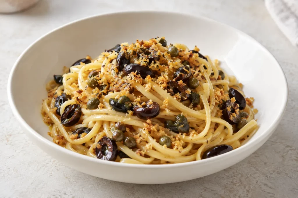 Linguine aux anchois, câpres et chapelure dorée Linguine aux anchois, câpres et chapelure dorée — illustration