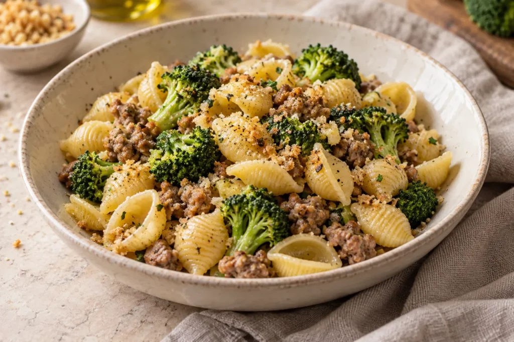 Conchiglie aux brocolis et à la saucisse Conchiglie aux brocolis et à la saucisse — illustration