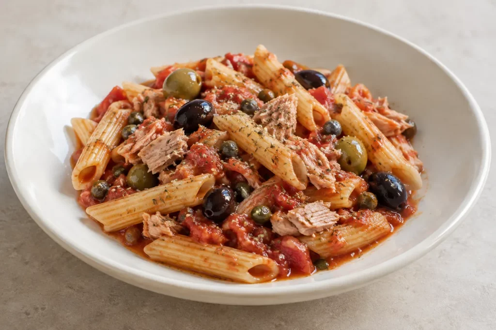 Penne au thon, olives et câpres Penne au thon, olives et câpres — illustration