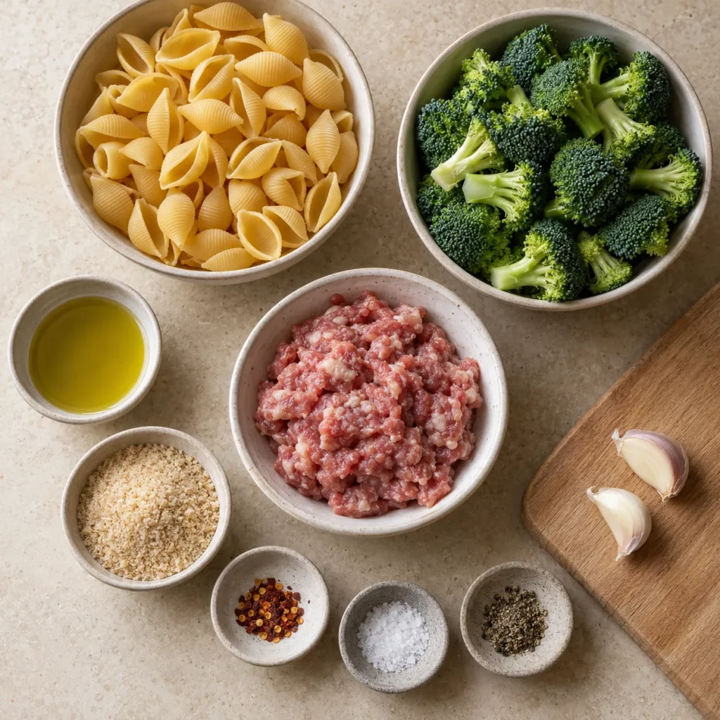 Les ingrédients pour Conchiglie aux brocolis et à la saucisse Les ingrédients pour Conchiglie aux brocolis et à la saucisse — illustration