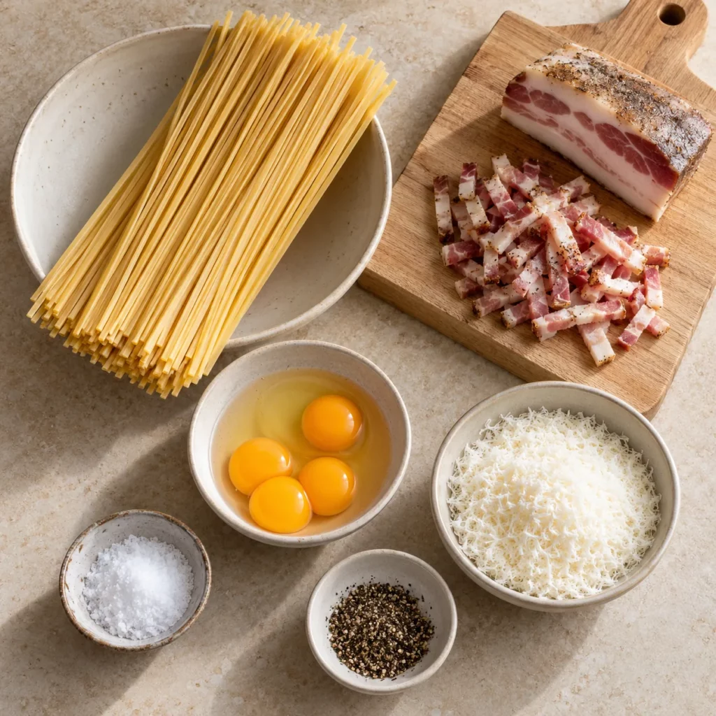 Les ingrédients pour Linguine à la carbonara Les ingrédients pour Linguine à la carbonara — illustration