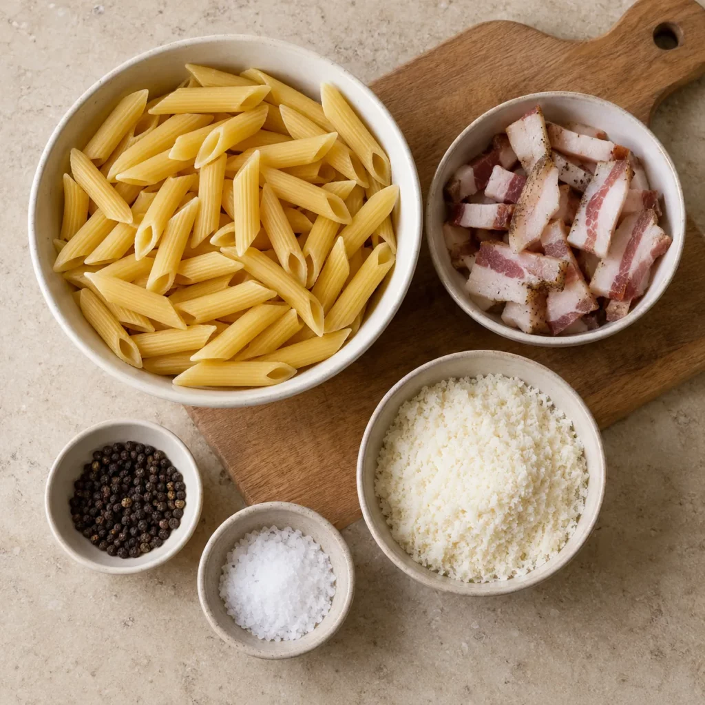 Les ingrédients pour Penne à la gricia Les ingrédients pour Penne à la gricia — illustration