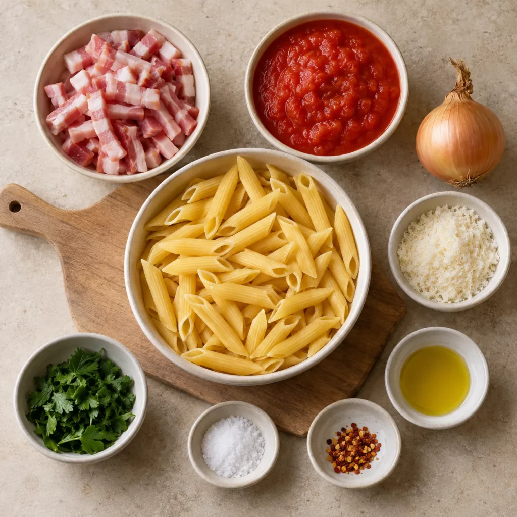 Les ingrédients pour Penne façon amatriciana Les ingrédients pour Penne façon amatriciana — illustration