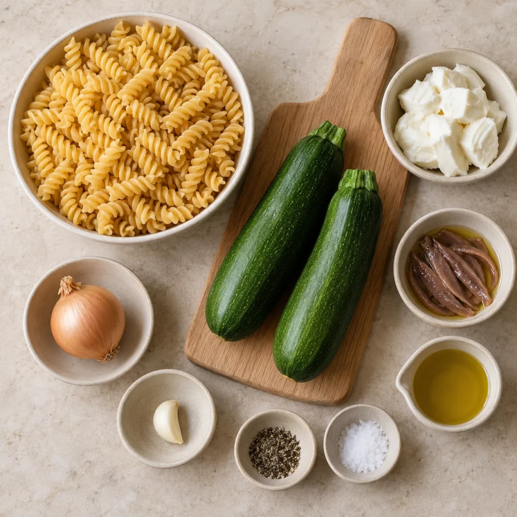 Les ingrédients pour Fusilli aux courgettes, anchois et mozzarella Les ingrédients pour Fusilli aux courgettes, anchois et mozzarella — illustration