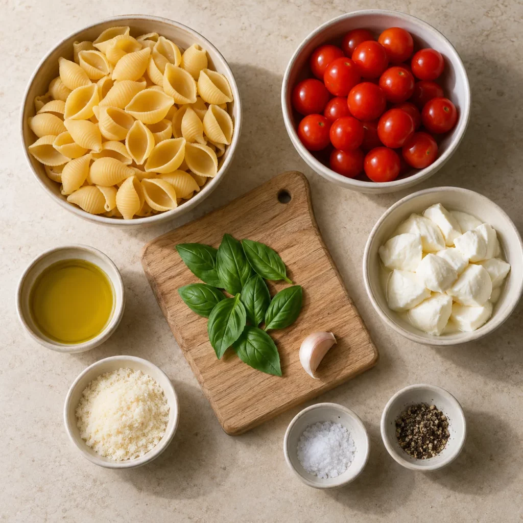 Les ingrédients pour Conchiglie aux tomates cerises et à la mozzarella Les ingrédients pour Conchiglie aux tomates cerises et à la mozzarella — illustration