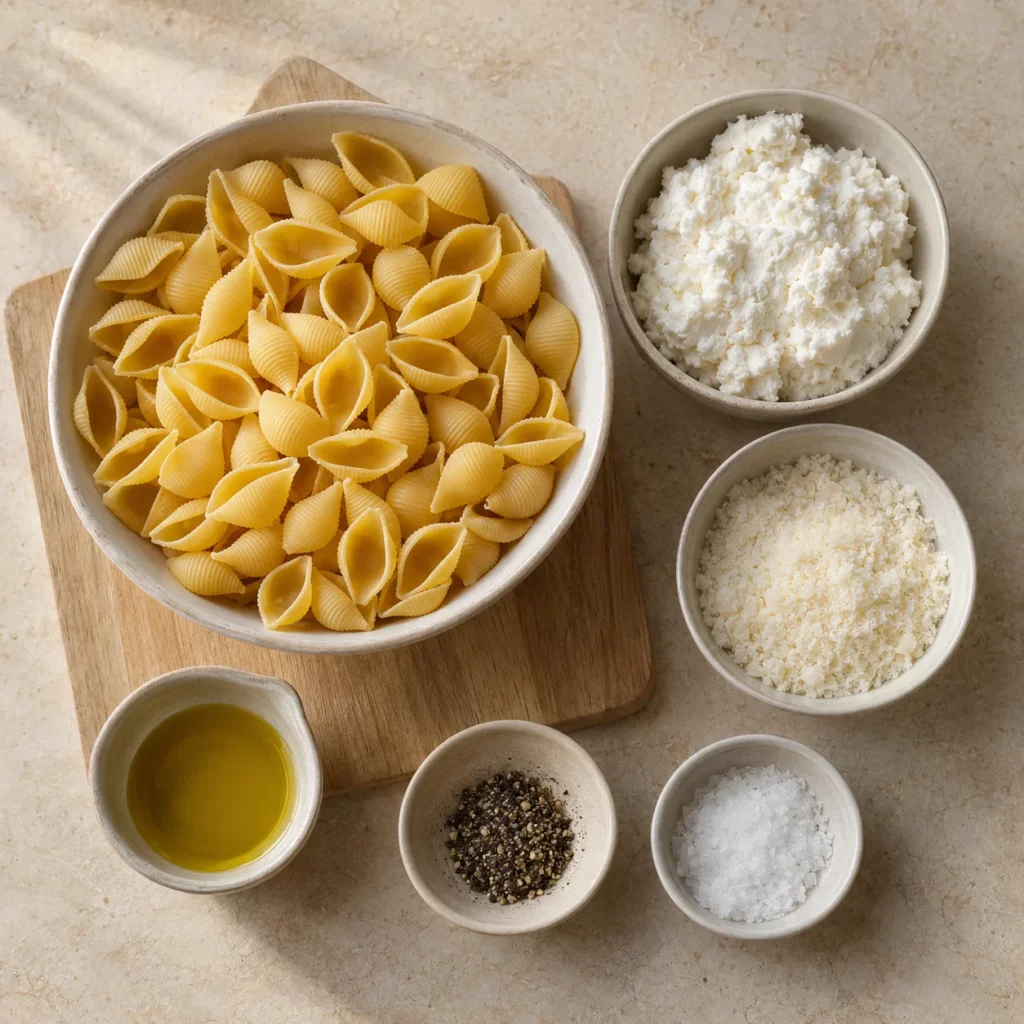 Les ingrédients pour Conchiglie à la ricotta et au poivre Les ingrédients pour Conchiglie à la ricotta et au poivre — illustration