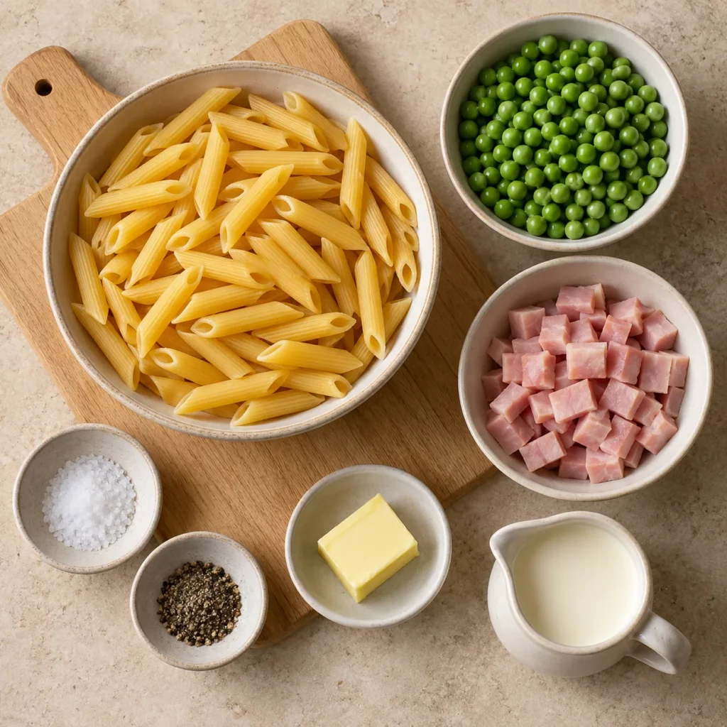 Les ingrédients pour Penne aux petits pois, jambon et crème Les ingrédients pour Penne aux petits pois, jambon et crème — illustration