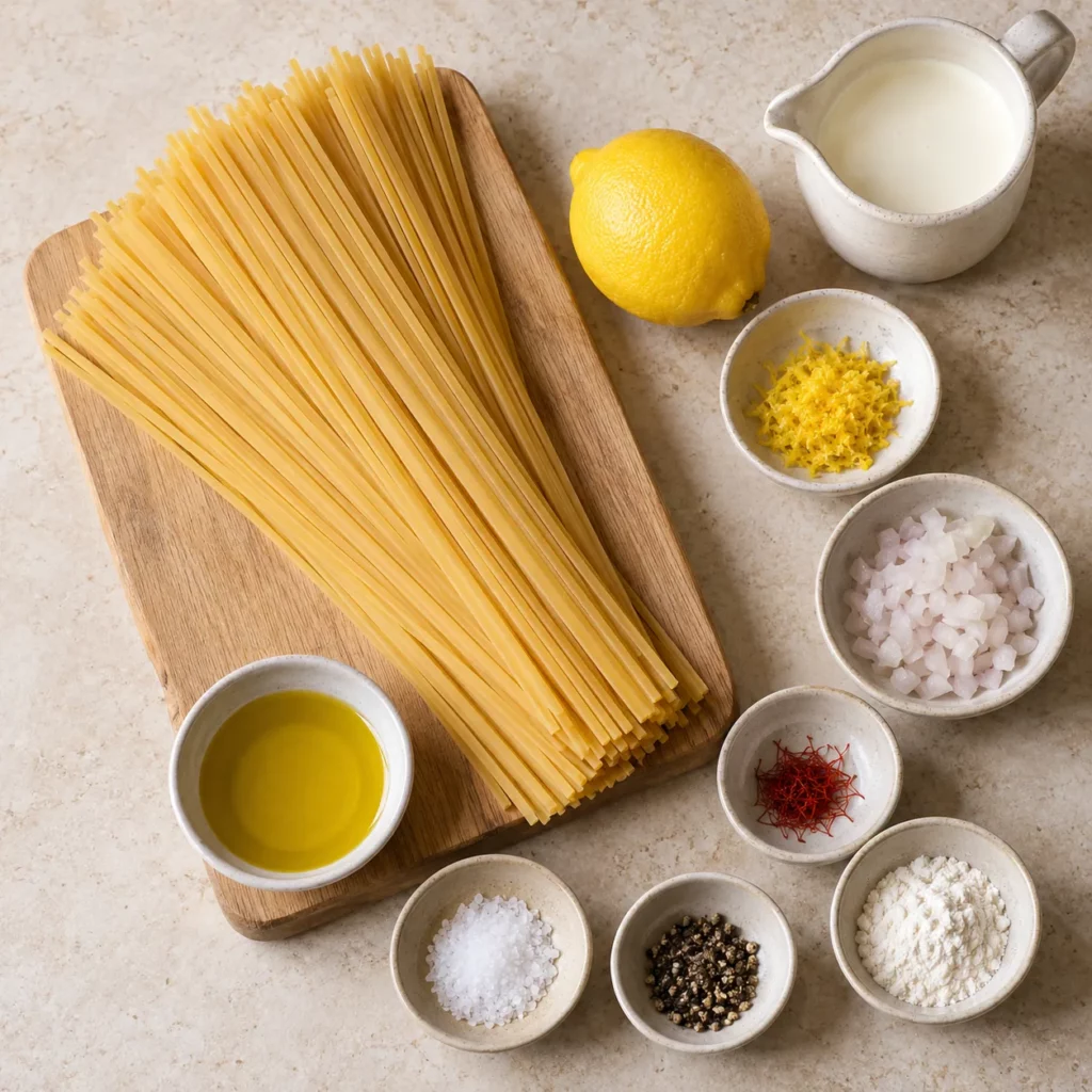Les ingrédients pour Linguine au citron et au safran Les ingrédients pour Linguine au citron et au safran — illustration