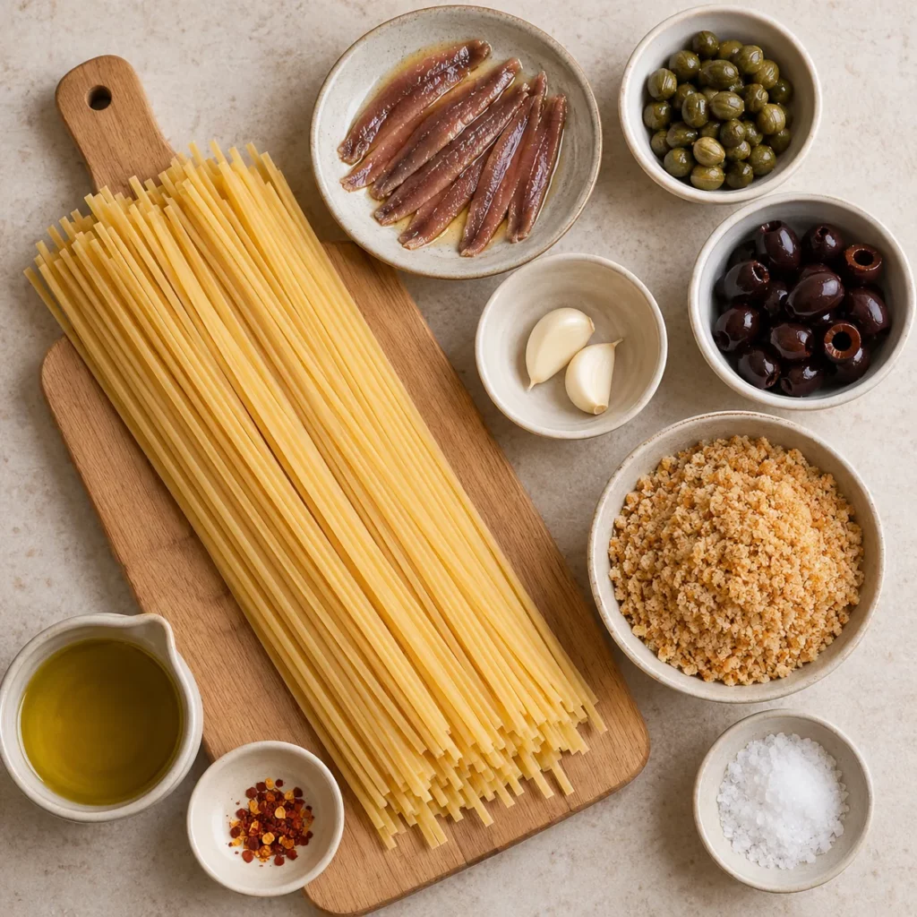Les ingrédients pour Linguine aux anchois, câpres et chapelure dorée Les ingrédients pour Linguine aux anchois, câpres et chapelure dorée — illustration