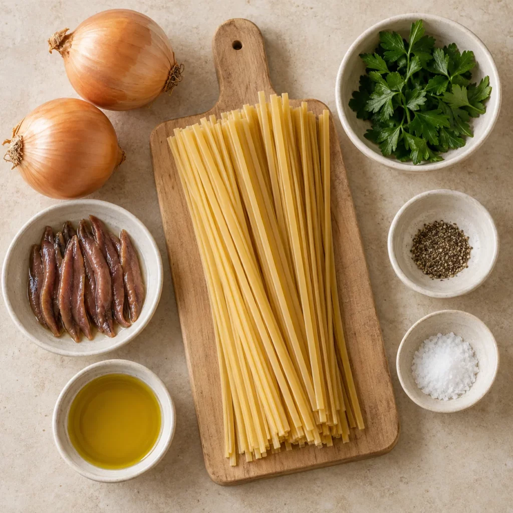 Les ingrédients pour Linguine aux oignons fondants et aux anchois Les ingrédients pour Linguine aux oignons fondants et aux anchois — illustration