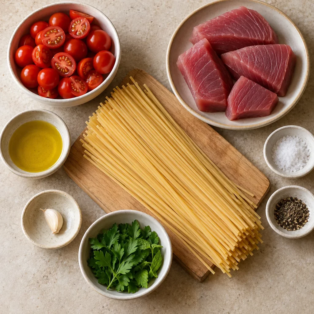 Les ingrédients pour Linguine au thon frais et aux tomates cerises Les ingrédients pour Linguine au thon frais et aux tomates cerises — illustration