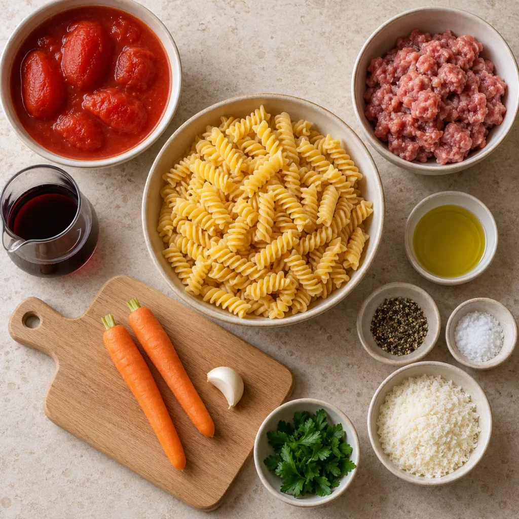 Les ingrédients pour Fusilli au ragù de saucisse Les ingrédients pour Fusilli au ragù de saucisse — illustration