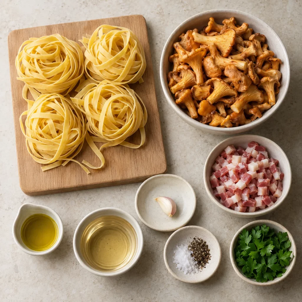 Les ingrédients pour Tagliatelles aux girolles et à la pancetta Les ingrédients pour Tagliatelles aux girolles et à la pancetta — illustration