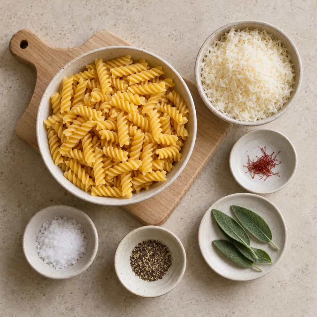Les ingrédients pour Fusilli au pecorino, safran et sauge Les ingrédients pour Fusilli au pecorino, safran et sauge — illustration