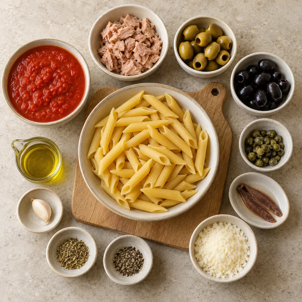 Les ingrédients pour Penne au thon, olives et câpres Les ingrédients pour Penne au thon, olives et câpres — illustration