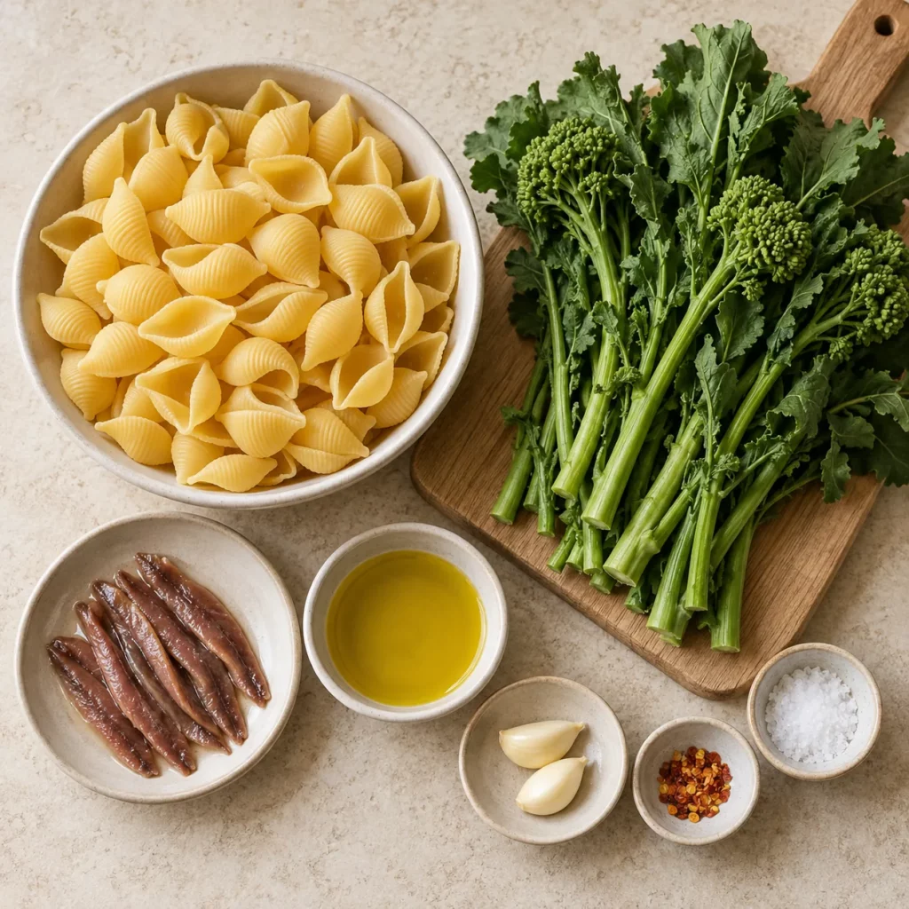 Les ingrédients pour Conchiglie au brocoli-rave et aux anchois Les ingrédients pour Conchiglie au brocoli-rave et aux anchois — illustration
