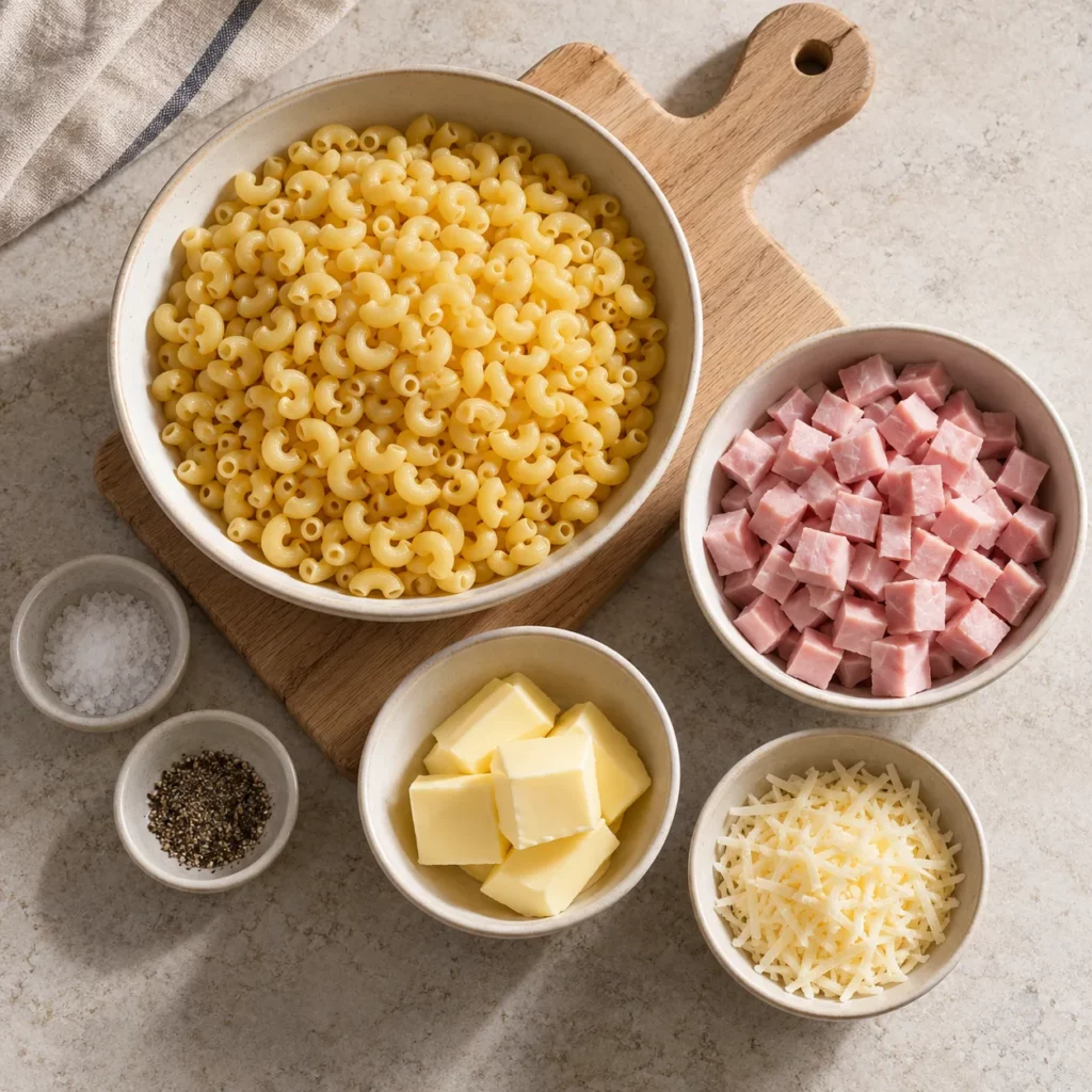 Les ingrédients pour Coquillettes courtes au jambon et au beurre Les ingrédients pour Coquillettes courtes au jambon et au beurre — illustration