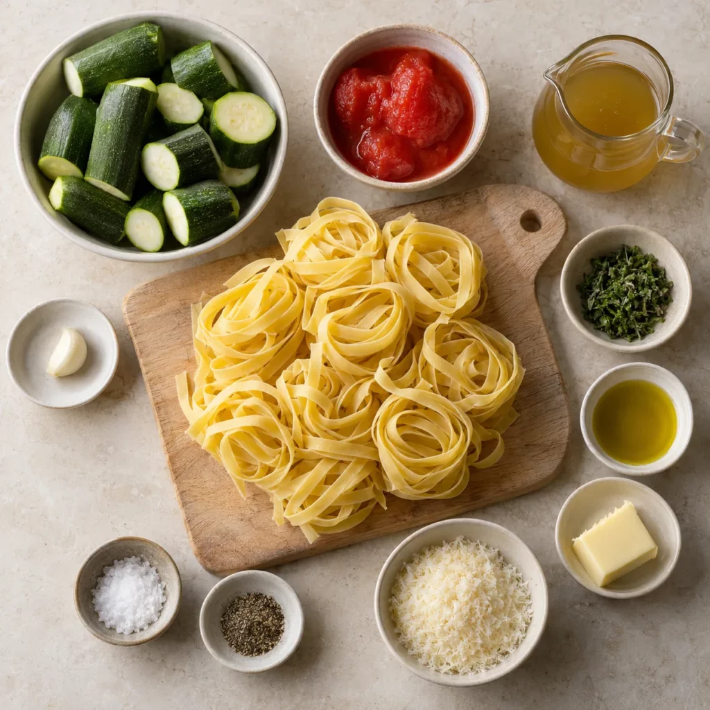 Les ingrédients pour Tagliatelles à la crème de courgette et à la marjolaine Les ingrédients pour Tagliatelles à la crème de courgette et à la marjolaine — illustration