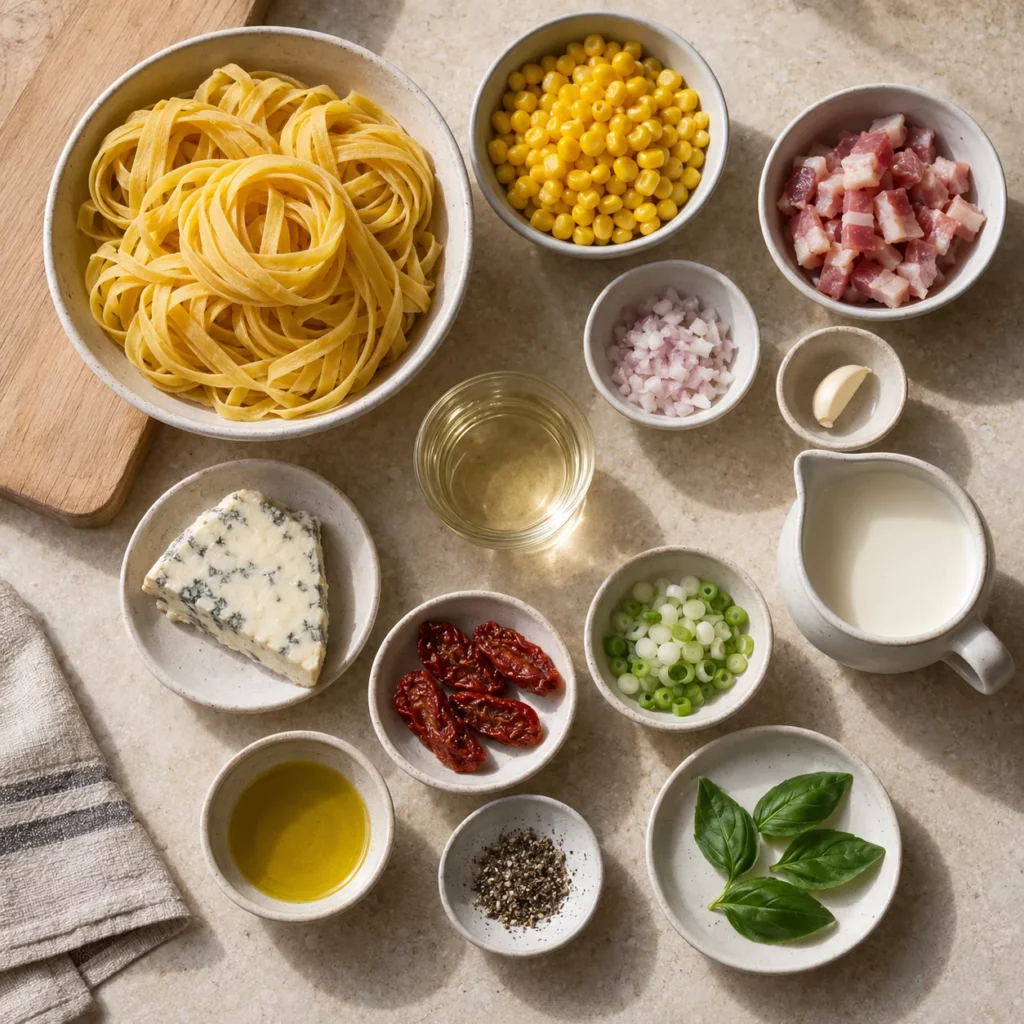 Les ingrédients pour Tagliatelles au maïs et au gorgonzola Les ingrédients pour Tagliatelles au maïs et au gorgonzola — illustration