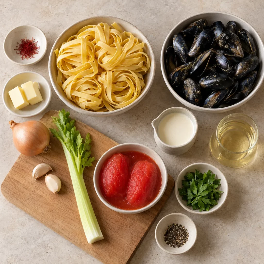 Les ingrédients pour Tagliatelles aux moules et au safran Les ingrédients pour Tagliatelles aux moules et au safran — illustration