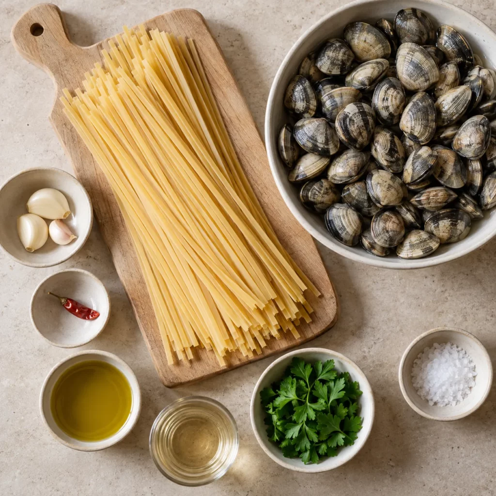 Les ingrédients pour Linguine aux palourdes, ail et vin blanc Les ingrédients pour Linguine aux palourdes, ail et vin blanc — illustration