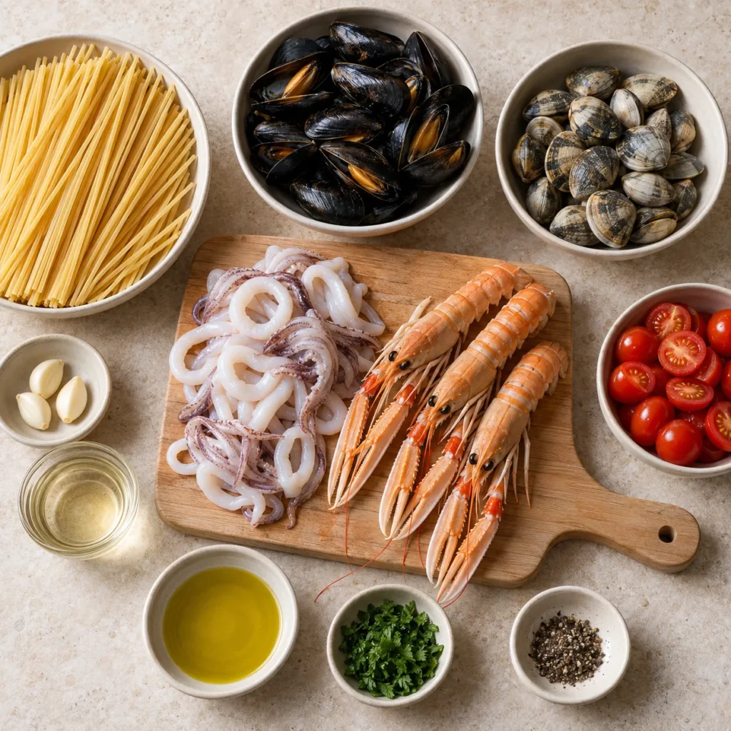 Les ingrédients pour Linguine aux fruits de mer Les ingrédients pour Linguine aux fruits de mer — illustration