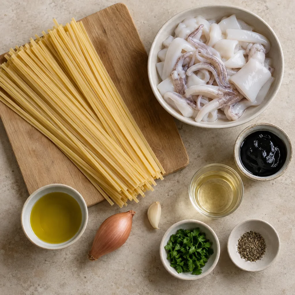Les ingrédients pour Linguine à la seiche et à son encre Les ingrédients pour Linguine à la seiche et à son encre — illustration