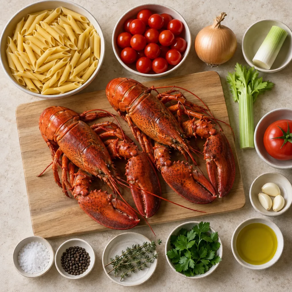 Les ingrédients pour Penne au homard et aux tomates cerises Les ingrédients pour Penne au homard et aux tomates cerises — illustration
