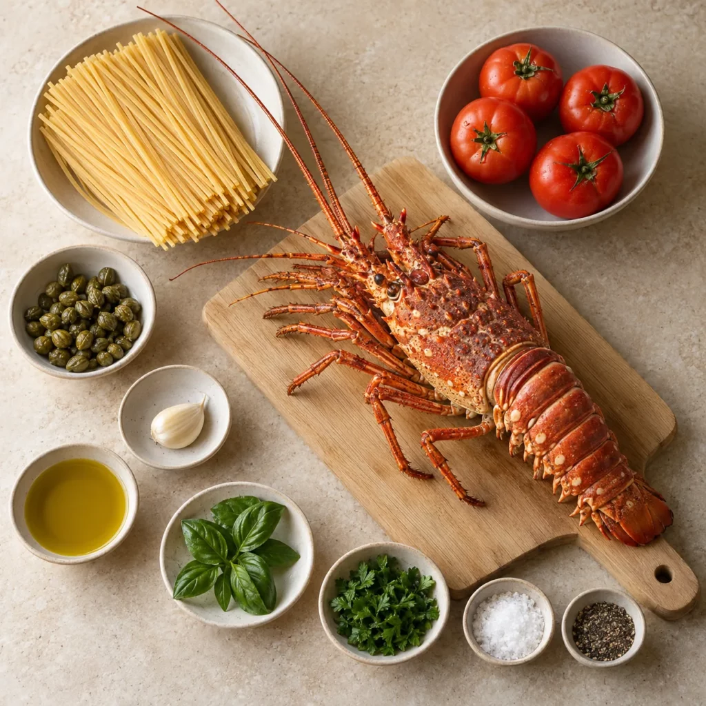 Les ingrédients pour Linguine à la langouste et aux câpres Les ingrédients pour Linguine à la langouste et aux câpres — illustration