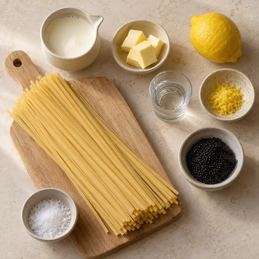 Les ingrédients pour Linguine au citron, vodka et caviar Les ingrédients pour Linguine au citron, vodka et caviar — illustration
