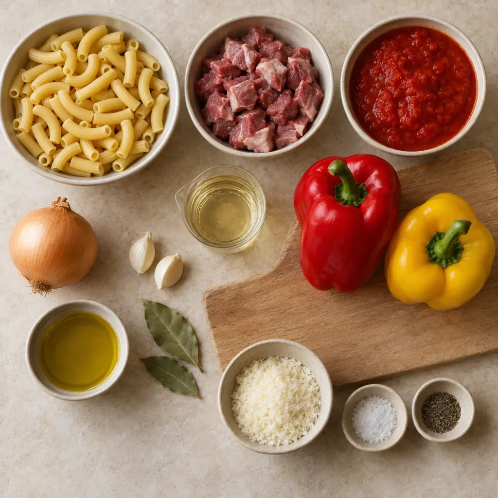 Les ingrédients pour Macaroni au ragù d’agneau et aux poivrons Les ingrédients pour Macaroni au ragù d’agneau et aux poivrons — illustration