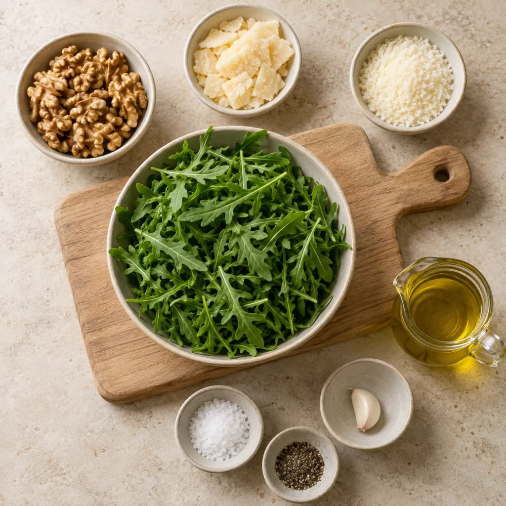 Les ingrédients pour Pesto de roquette et noix Les ingrédients pour Pesto de roquette et noix — illustration
