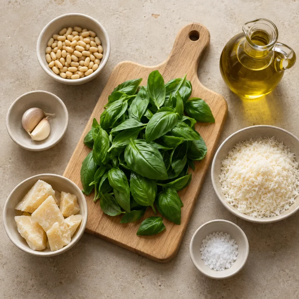 Les ingrédients pour Pesto génois au basilic Les ingrédients pour Pesto génois au basilic — illustration