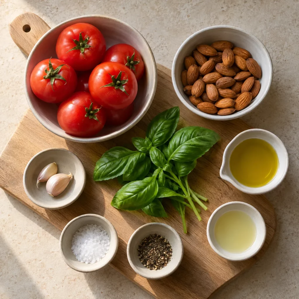 Les ingrédients pour Pesto de tomates fraîches, amandes et basilic Les ingrédients pour Pesto de tomates fraîches, amandes et basilic — illustration