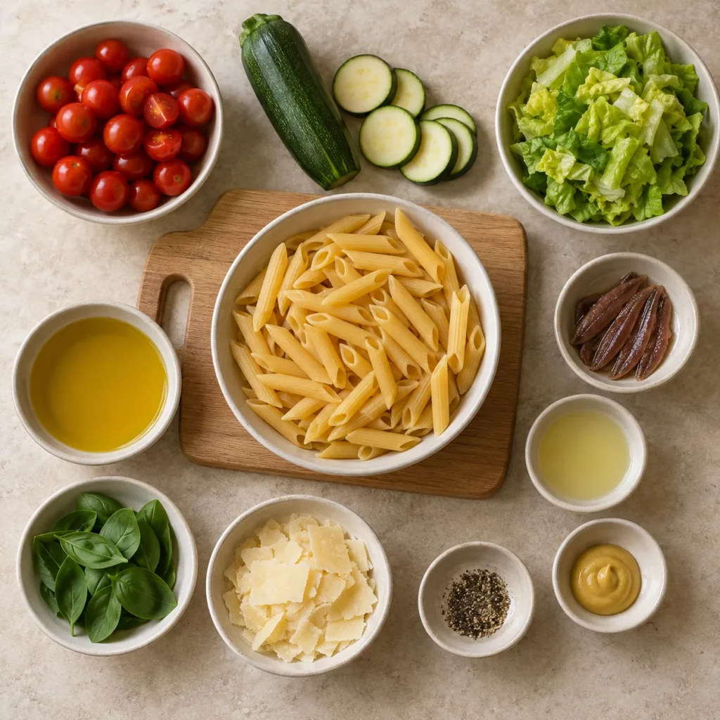 Les ingrédients pour Salade de penne, tomates cerises et courgettes Les ingrédients pour Salade de penne, tomates cerises et courgettes — illustration