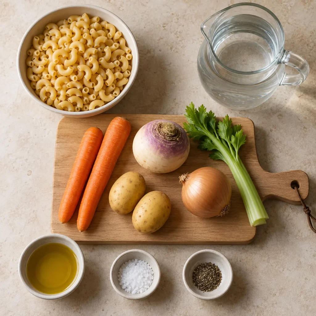 Les ingrédients pour Macaroni en bouillon de légumes Les ingrédients pour Macaroni en bouillon de légumes — illustration