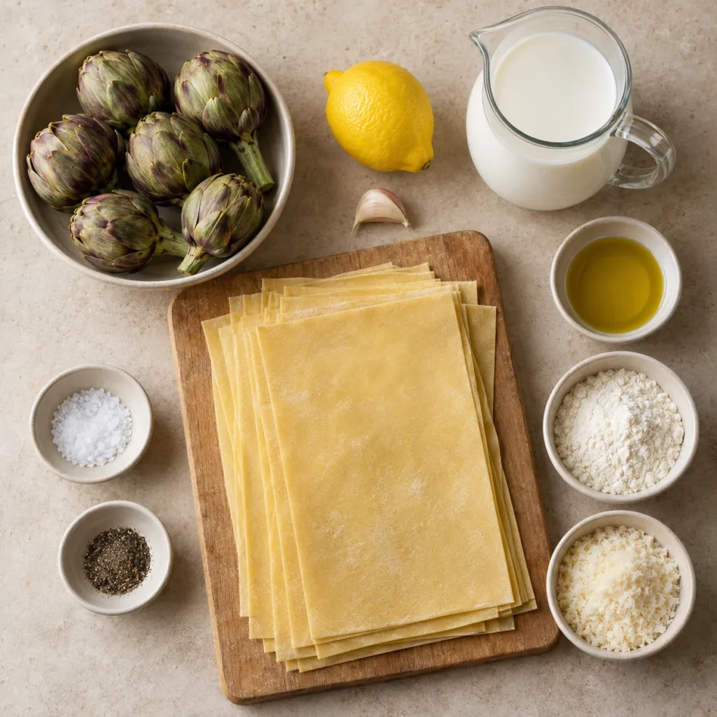 Les ingrédients pour Lasagnes aux artichauts et au parmesan Les ingrédients pour Lasagnes aux artichauts et au parmesan — illustration