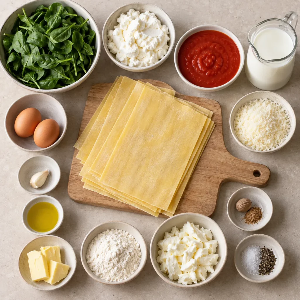 Les ingrédients pour Cannelloni à la ricotta et aux épinards Les ingrédients pour Cannelloni à la ricotta et aux épinards — illustration