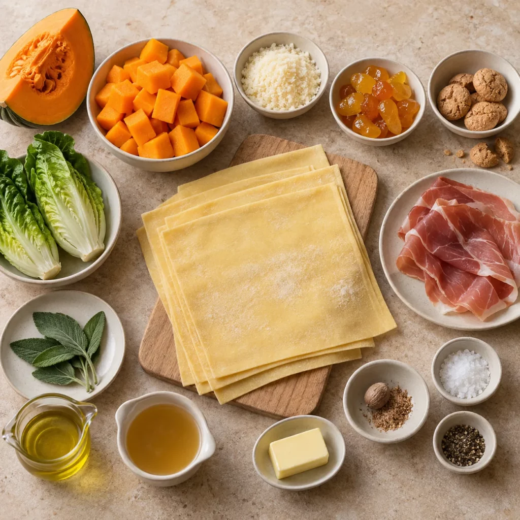 Les ingrédients pour Raviolis de potiron, mostarda et jambon Les ingrédients pour Raviolis de potiron, mostarda et jambon — illustration