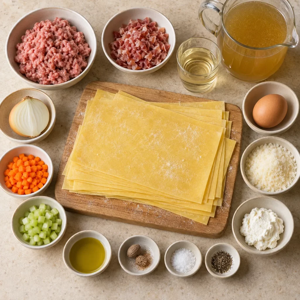 Les ingrédients pour Tortellini au veau et au jambon, en bouillon Les ingrédients pour Tortellini au veau et au jambon, en bouillon — illustration