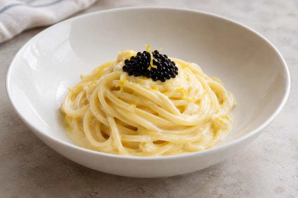 Linguine au citron, vodka et caviar Linguine au citron, vodka et caviar — illustration