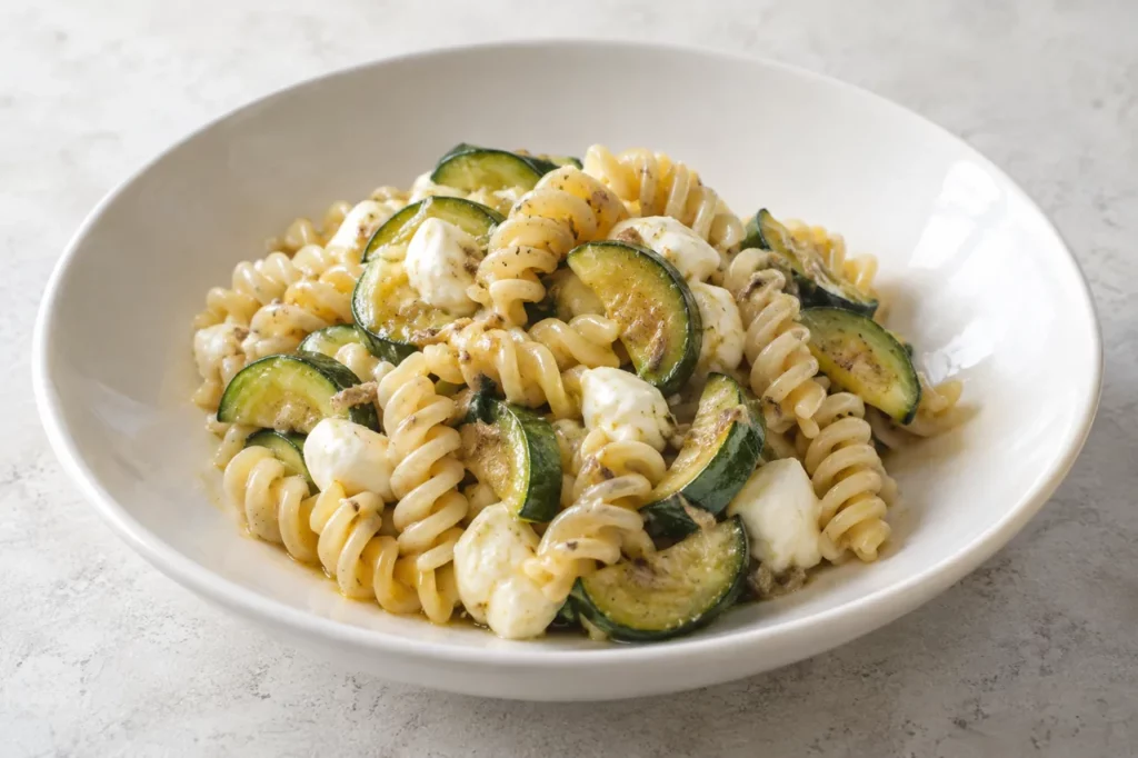 Fusilli aux courgettes, anchois et mozzarella Fusilli aux courgettes, anchois et mozzarella — illustration