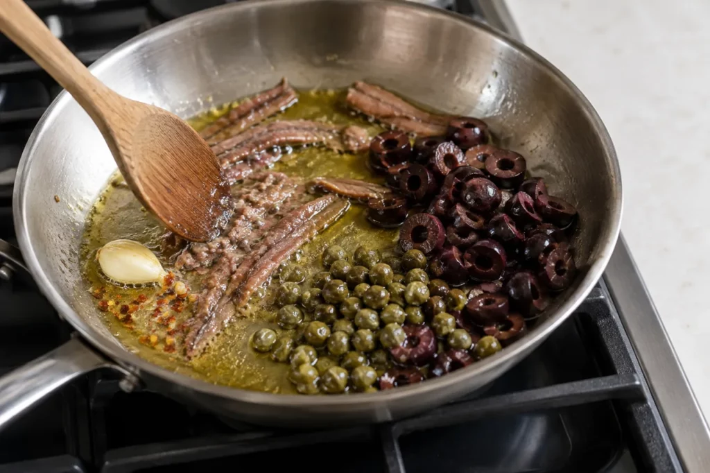 Geste pour Linguine aux anchois, câpres et chapelure dorée Geste pour Linguine aux anchois, câpres et chapelure dorée — illustration