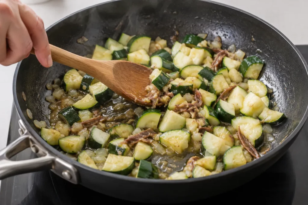 Geste pour Fusilli aux courgettes, anchois et mozzarella Geste pour Fusilli aux courgettes, anchois et mozzarella — illustration